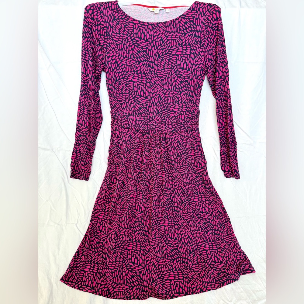 Boden Jersey Knit Pink Navy Patterned Long Sleeve Dress with Pockets